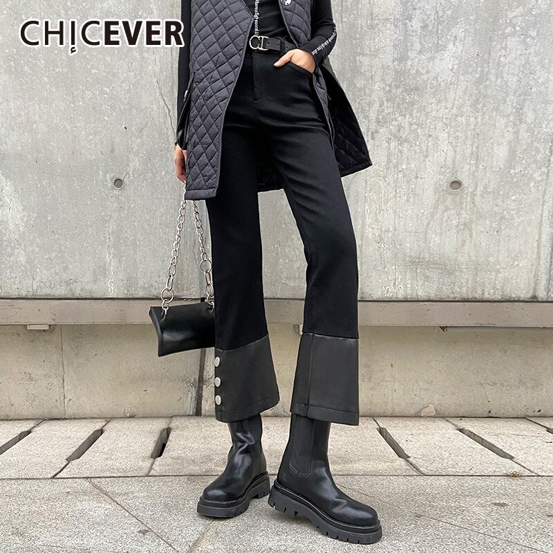 CHICEVER足首丈フレアパンツレディースウエストドローストリングパッチワークボタンスキニープラスサイズブラックジーンズ2020 大きめサイズ 6base549934670841