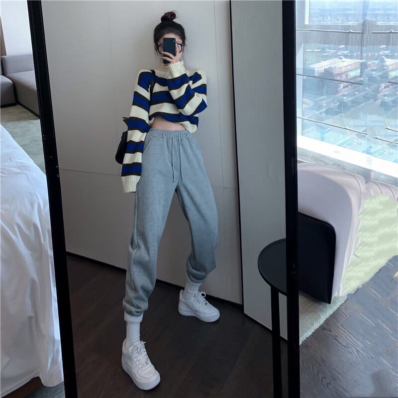 グレーのスポーツカジュアルパンツ女性の秋と冬の厚みを増す2020新しいハイウエストストレートルーズパンツパンツ ブラックストロベリース38783133074