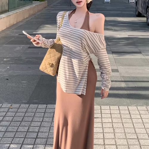 【2点セット】ボーダースリットTシャツ＋ホルターネックマキシワンピ ・75776