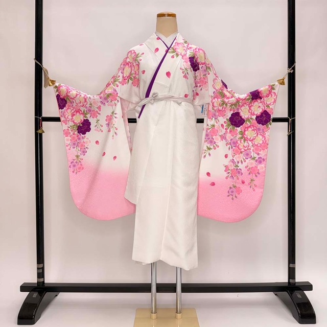 二尺袖 単品 卒業式着物 白 ピンク 裄69.5cm Lサイズ  袴用着物 化繊 中古 中野ヒロミチ 5294