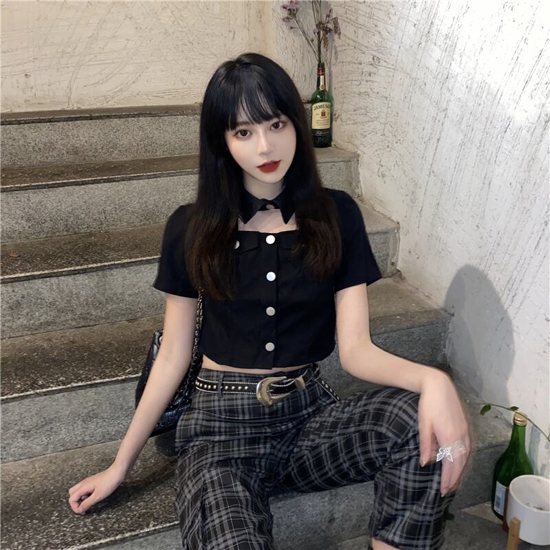 スタンダードパターンオーバーオール スプリングサマーハイウェストカジュアルパンツ ブラックシャツ カラー コルセット レトロ 春物 夏物 スクウェア ドラファッションホール68707831754