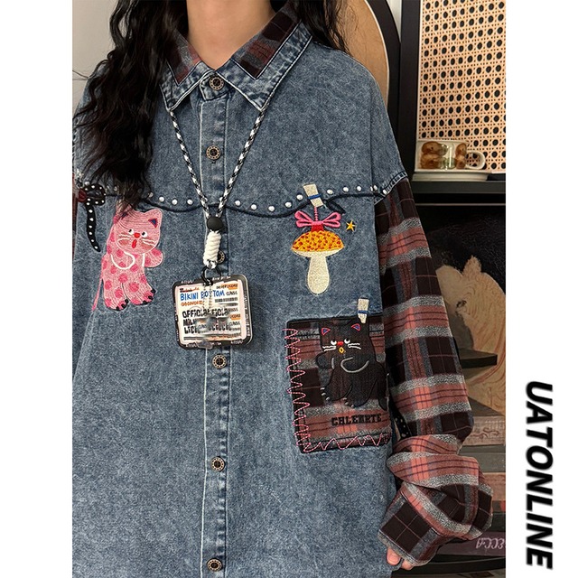 【UATONLINEシリーズ】★シャツ★ トップス 男女兼用 メンズ 長袖シャツ デニム 切り替え チェック柄 猫 ねこ ネコ 可愛い