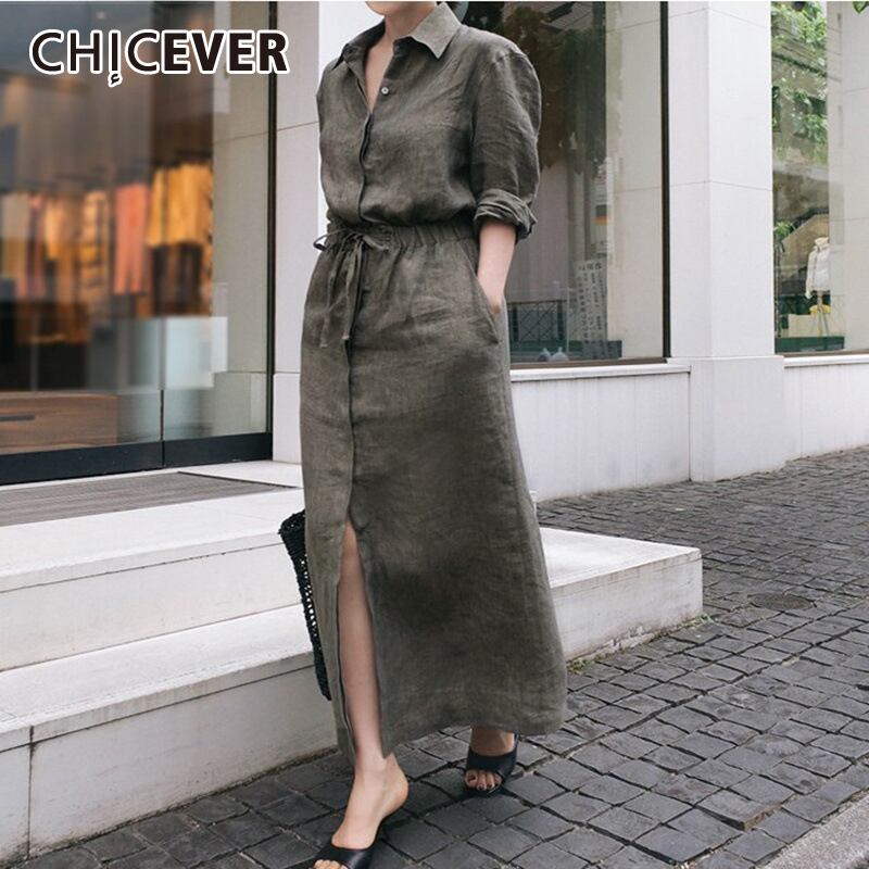 CHICEVERドレスラペルカラー長袖ウエストレースアッププラスサイズルーズマキシドレス女性2020 ロング 大きめサイズ 6base556494277844