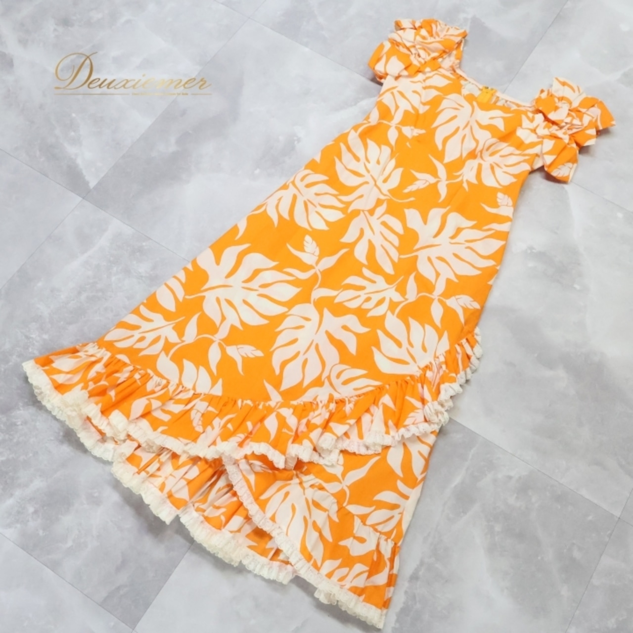 フラダンス 衣装 ワンピース ドレス アロハスタンダード オレンジ系 ALOHA STANDARDS 日本製 フリル アシンメトリー レース かわいい 華やか 鮮やか 明るい 橙 白 ハワイアン アロハ ハワイアンプリント フラ ダンス レッスン 練習