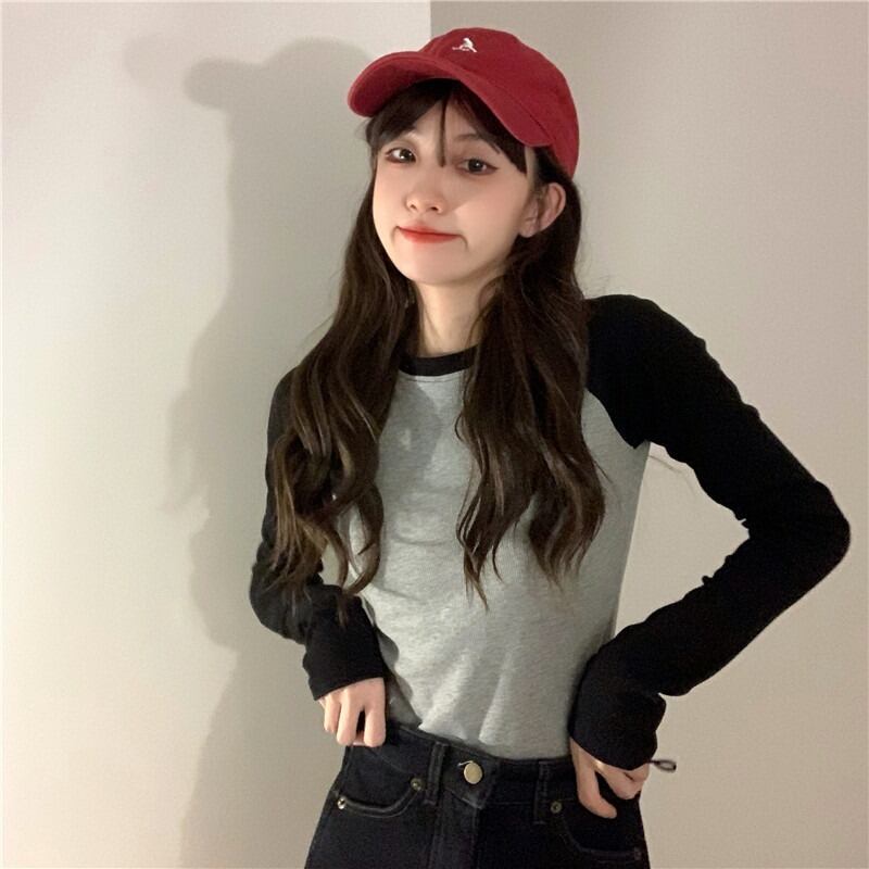 Tシャツ オータムスタンダードカラートップス ロング レトロ 秋物 ステッチ YY-ファッション2470425798