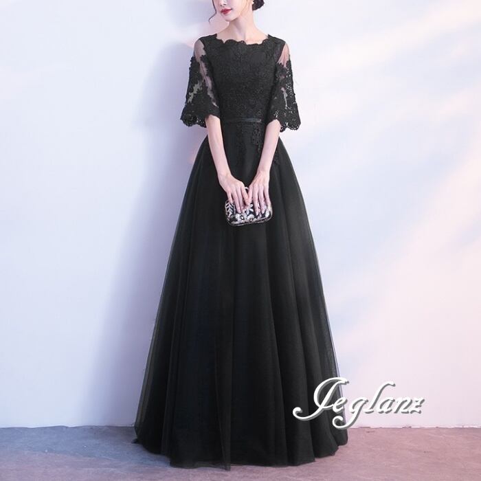 3色 パーティ ドレス 切替 レース 透け感 ミドル丈/イブニング (M7684)ζ