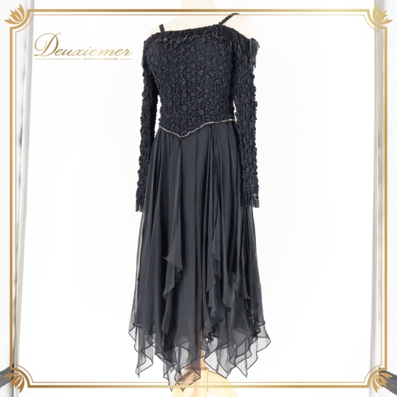 社交ダンス 衣装 ラテン ドレス ワンピース パーティドレス 黒 レース フリンジ ダンス パーティ 発表会 長袖 ブラックパンサー 日本製 ブラック系 社交ダンス 衣装 パーティ ワンピース ステージ衣装 ダンスウェア フリンジデザイン パーティ用ドレス エレガント 黒ドレス ロマンティック 発表会用