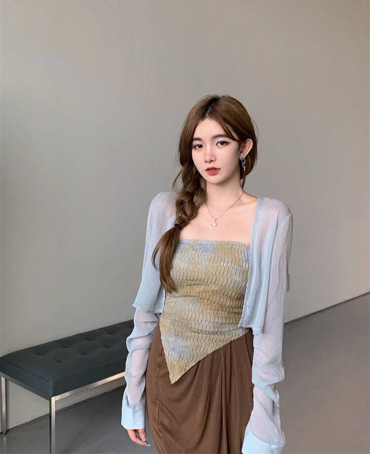 ニットセーター レディースサマー薄手ブルーショートカーディガンジャケット シャツ トップス ロング 夏物 シルク ブラックストロベリース79641543105