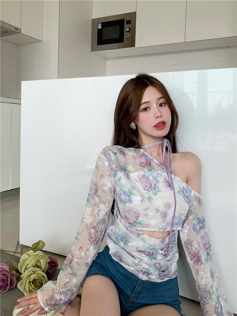 シフォンシャツ 薄手スタイルトップス サマー ロング 夏物 オフショルダー ピュア ブラックストロベリース93712041863