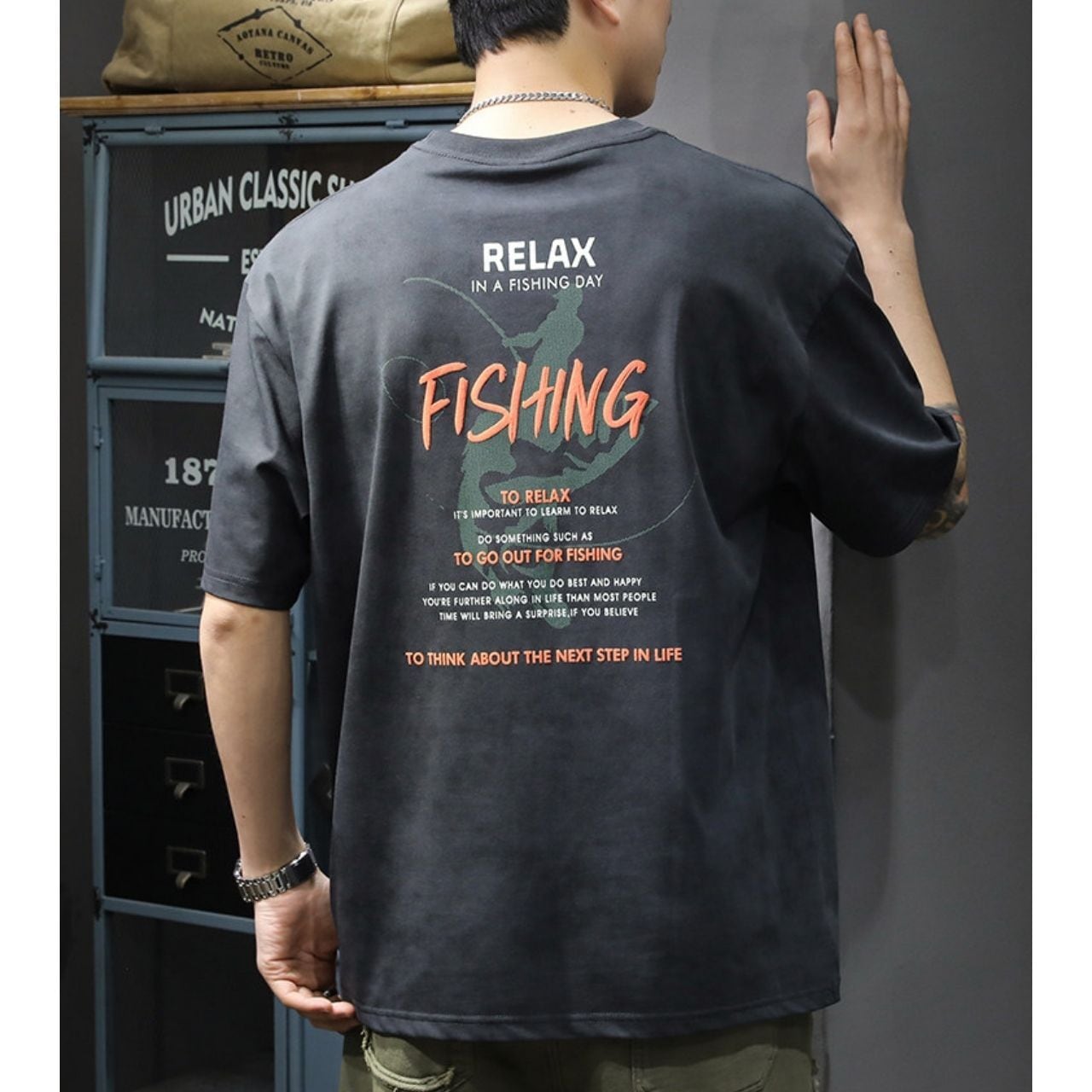 フィッシンググラフィックバックプリントTシャツ 3col   A00011