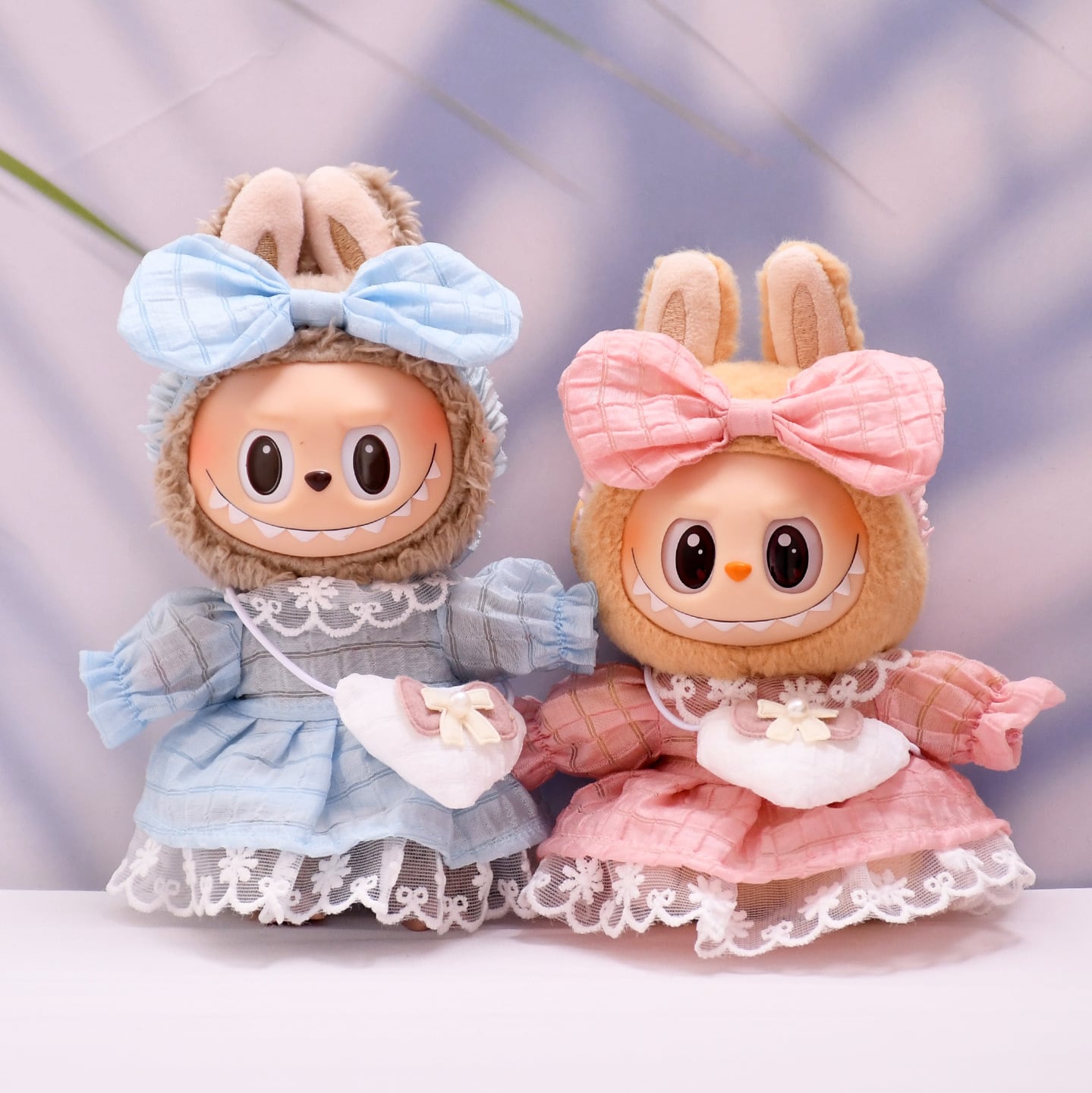 ちびくま工房　バニーラブ　15センチ バラのワンピ　リボン刺繍 Labubu1-3代/Dimoo/Zsiga用 レースワンピース+ヘアリボン+ハートバッグ