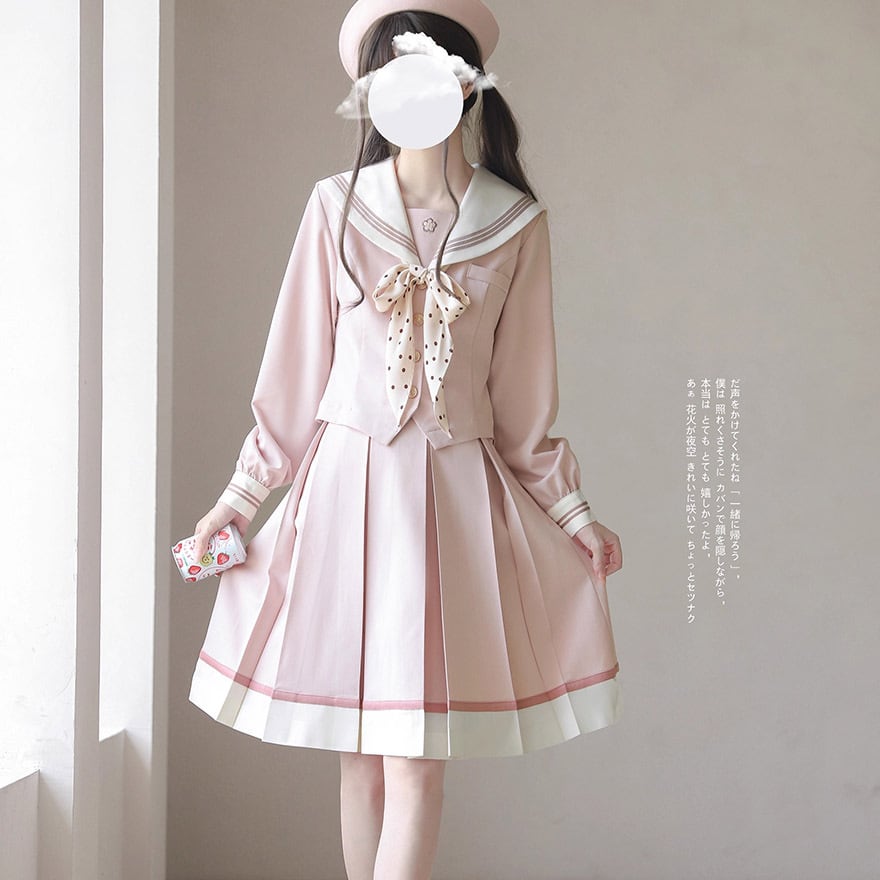 量産型ロリィタ セーラー服 セットアップ ピンク 制服 ウエストリボン プリーツスカート 長袖 清楚系 胡桃木