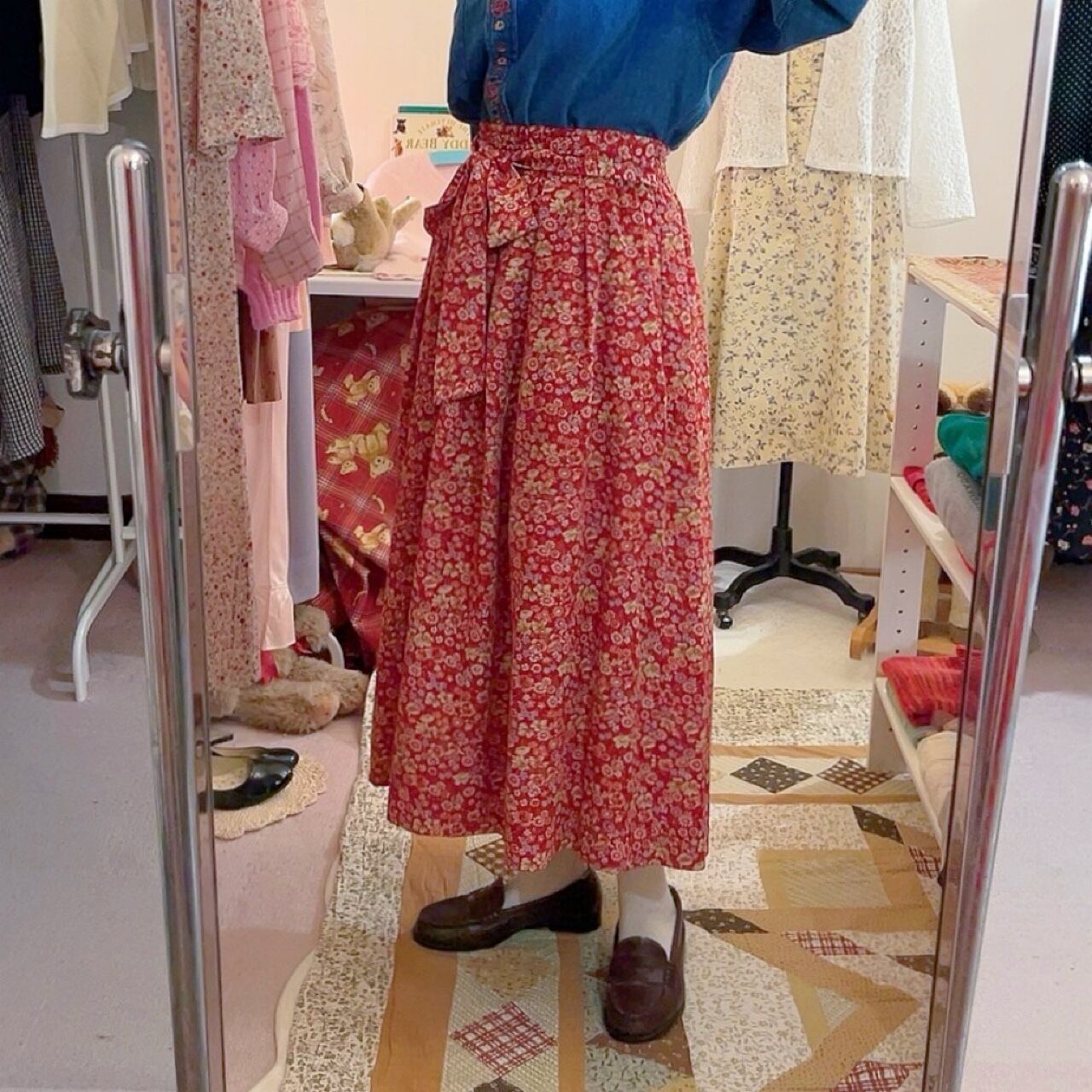 red flower waist ribbon skirt