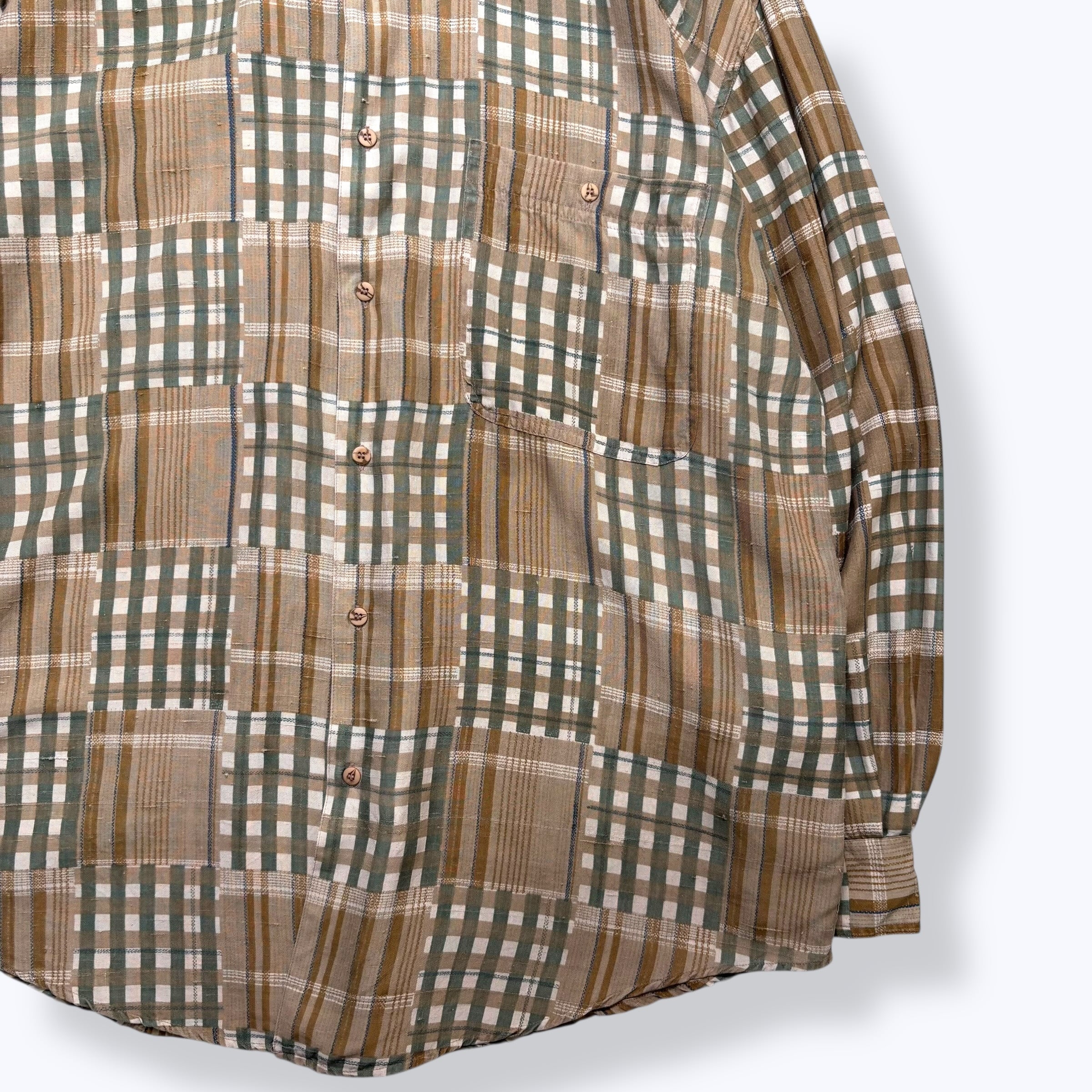 80s~ DEAD STOCK GOOUCH Patchwork Check Silk Shirts 【XL】 80年代