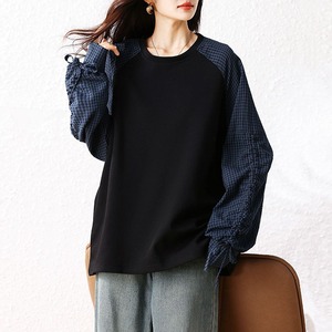 CHECKERED CONTRAST SLEEVE CREW NECK SWEATSHIRT M-18710
