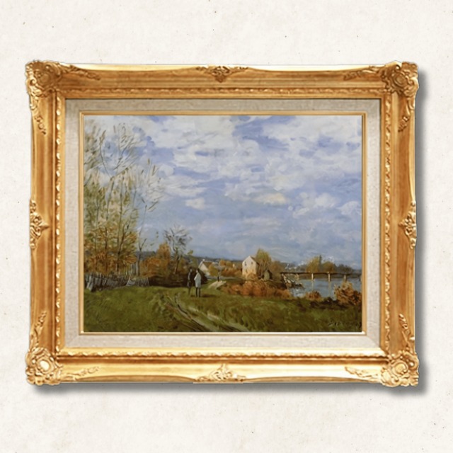 シスレー《ブージヴァル、川の畔》F6｜手描き油絵複製画｜水辺に映る穏やかな日常の詩情｜額縁付き