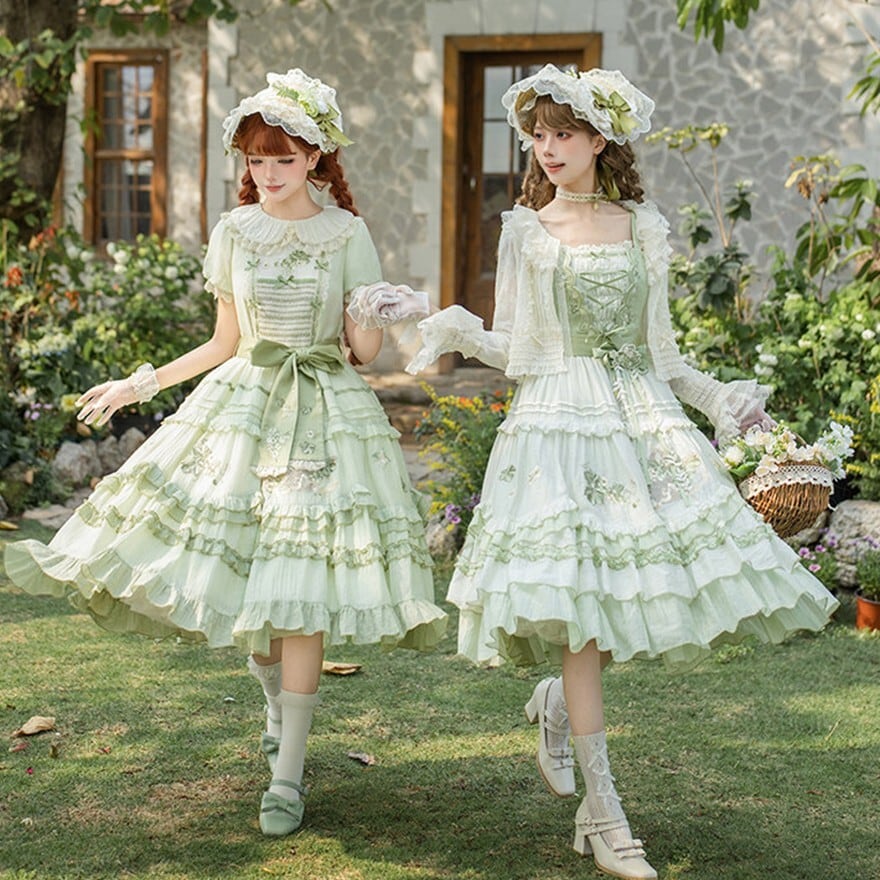 ロリータ ホワイトリリーワンピース グリーン 花柄 クラロリ クラロリ｜森ガール風フリルワンピース4点セット（ライトグリーン