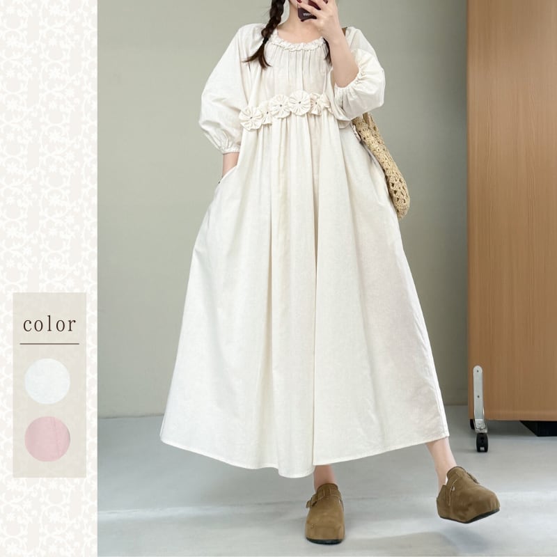 パフスリーブウエストフラワーデザインワンピース W1704