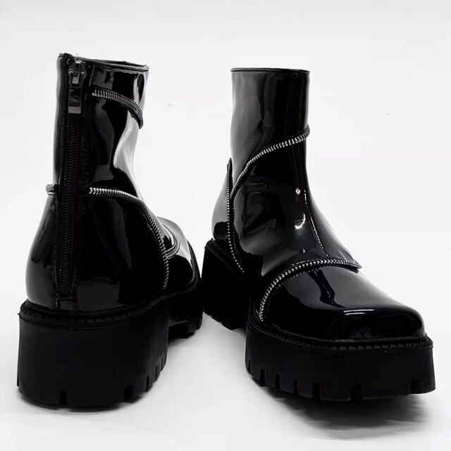 予約販売】ブーツ レザー メンズ 艶 ジッパー チャック ゴツ底 厚底 靴