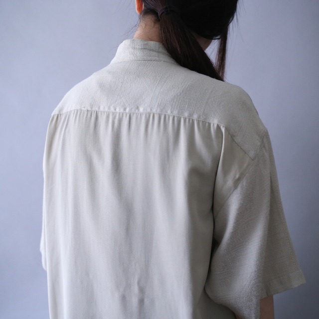 "刺繍" and crystal button switching fabric pleats design fry-front minimal over silhouette h/s shirt