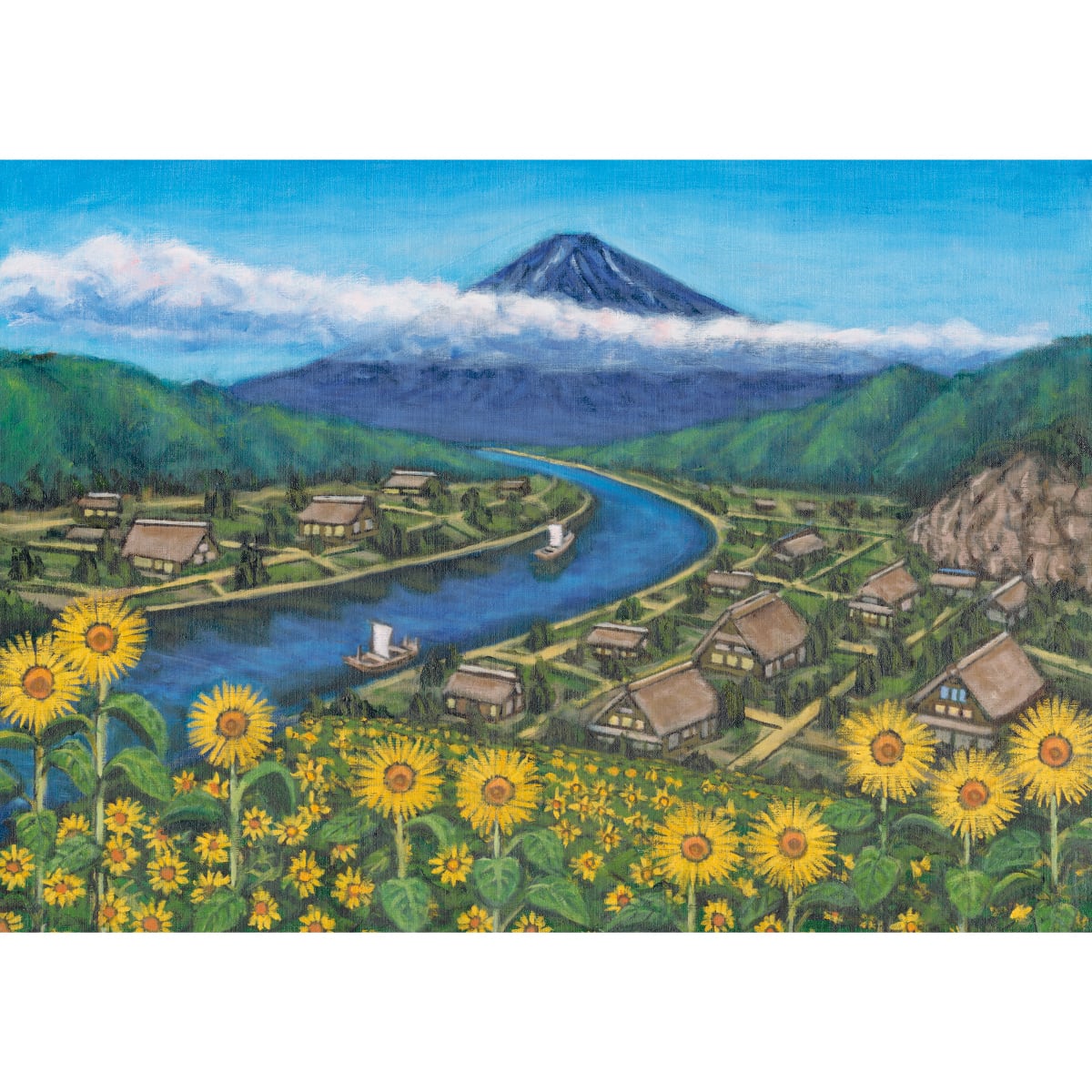ひまわりと古民家と富士山(銭湯画) お風呂ポスター 防水ポスター | お