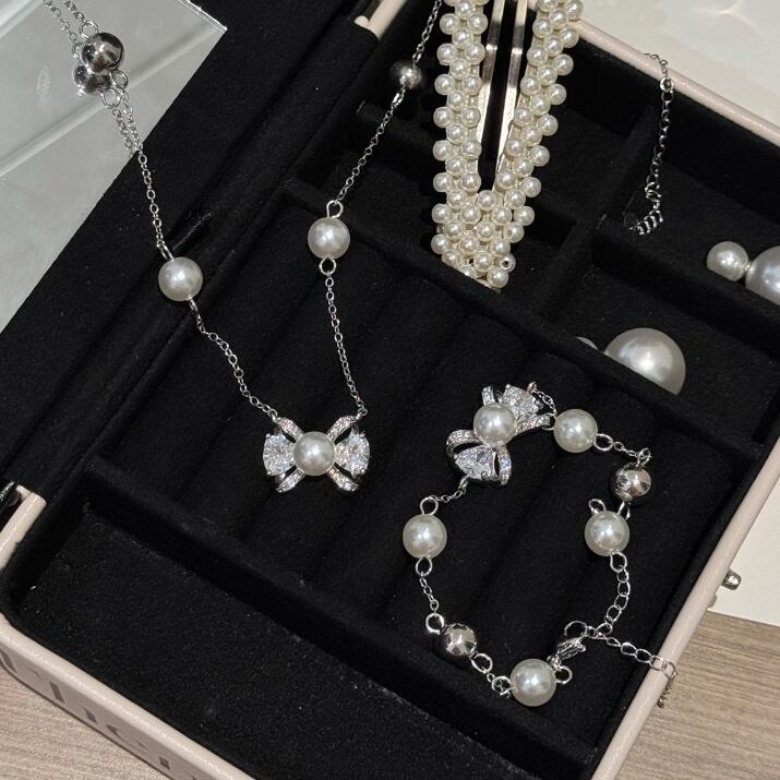 2点セット】パール＆リボンネックレス＋ブレスレット ・65799