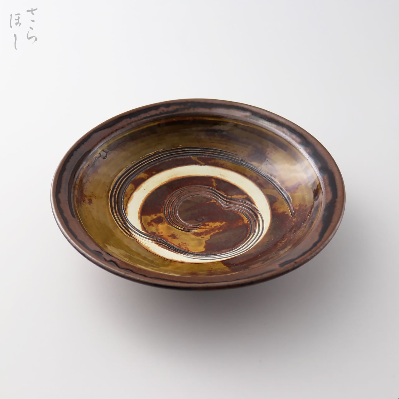 小鹿田焼 小袋窯 6寸5分リム皿 櫛描き 茶 直径約19.7cm 中皿 陶器 和食器 民藝