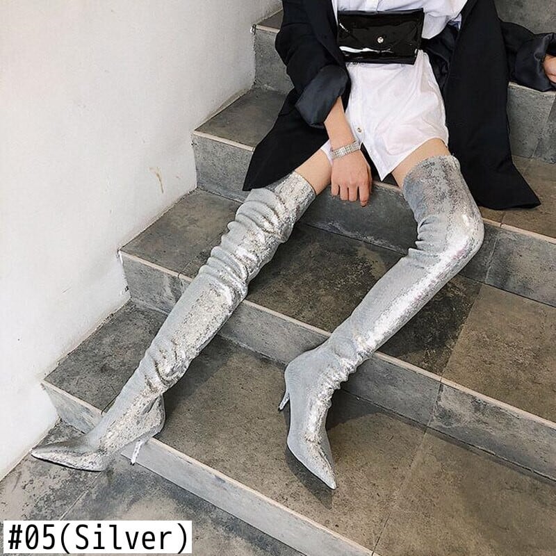 新作】【送料無料】 シルバーゴールドスパンコールブーツセクシーな