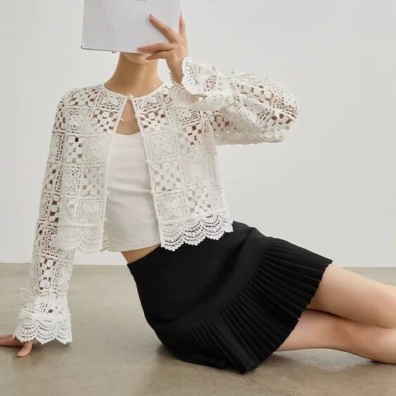 Crochet Style Flare Sleeve Long Sleeve Cardigan【M260075】 | Molabella