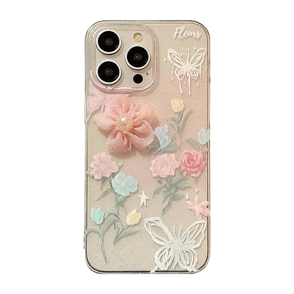 iPhone15対応】お花のデコレーションが可愛い◎クリアケース ラメ背面
