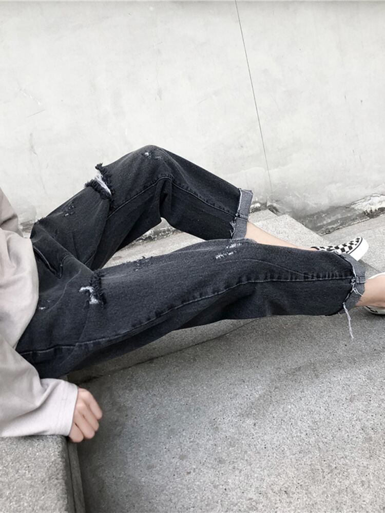 全2色 デニム パンツ ストレート カジュアル ダメージ おしゃれ