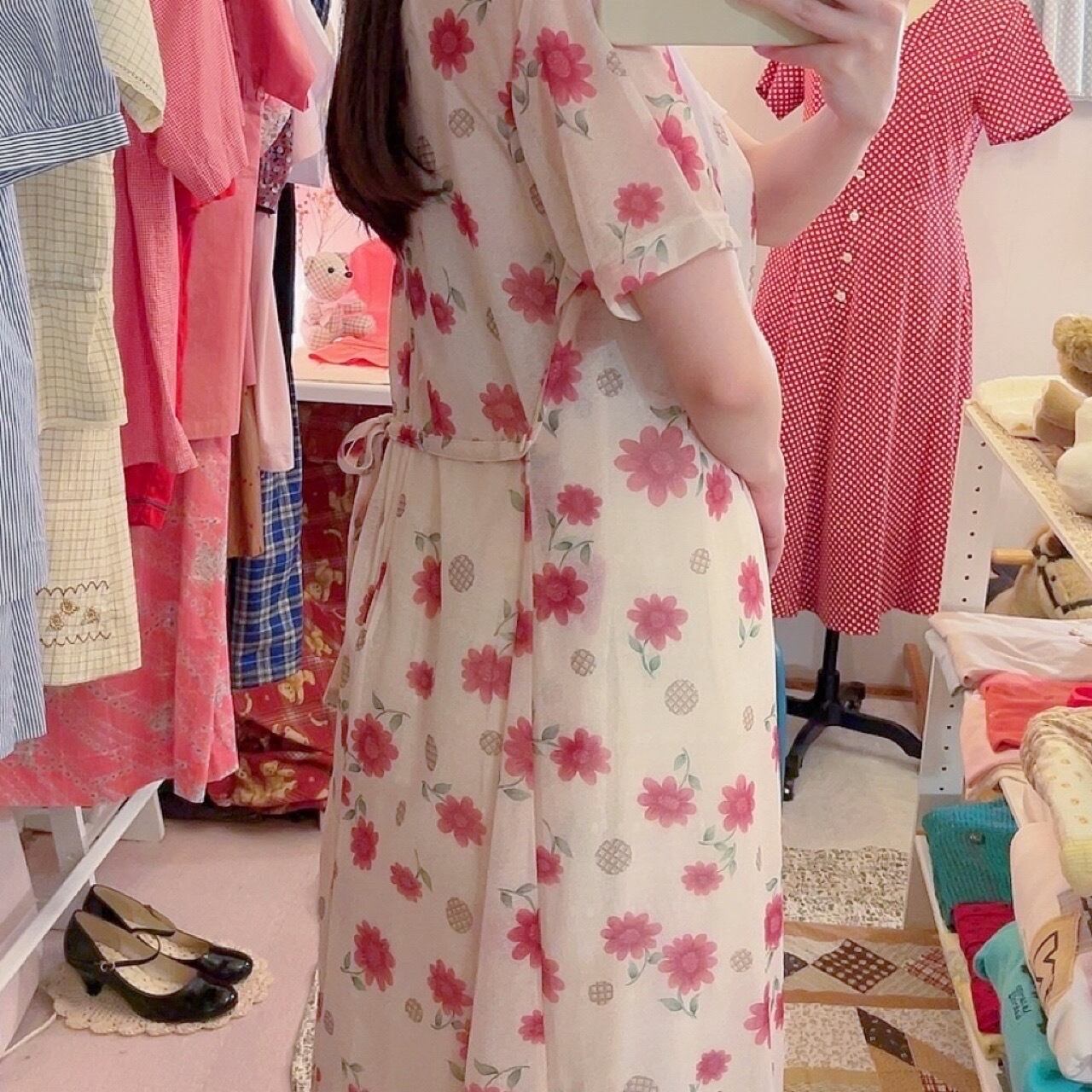 flower and check dot sheer one-piece