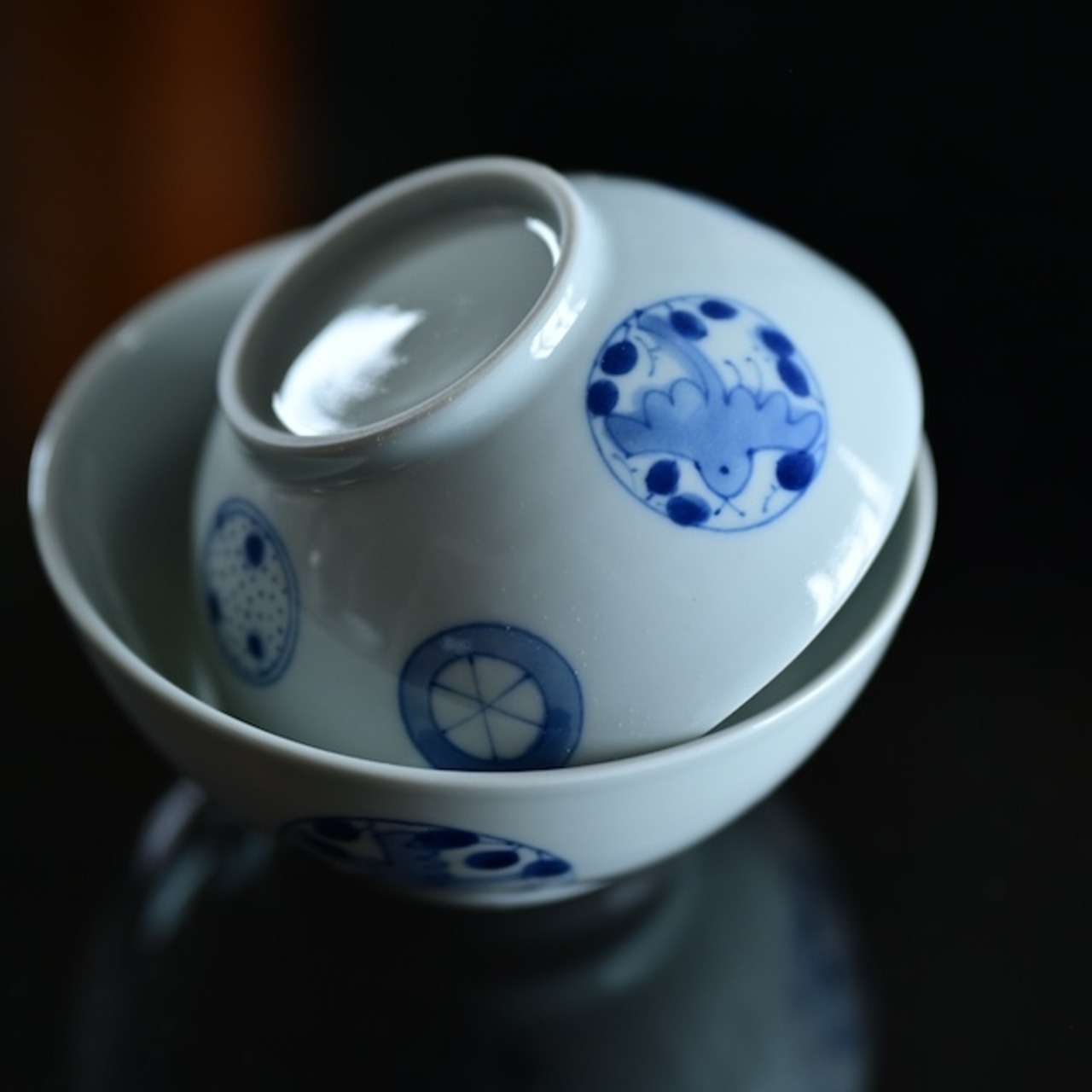 吉岡将弐　【蔵出し市】No.14 鳥丸文飯碗　小 / Syoji Yoshioka – Bird Round Motif Rice Bowl (Small)［2104130011535］
