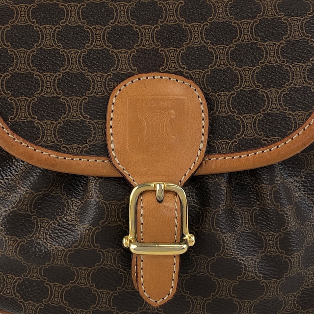 CELINE セリーヌ マカダム ショルダーバッグ ブラウン ブラゾン型押し フロントバックル PVC レザー ミニバッグ vintage ヴィンテージ オールド vryvsx