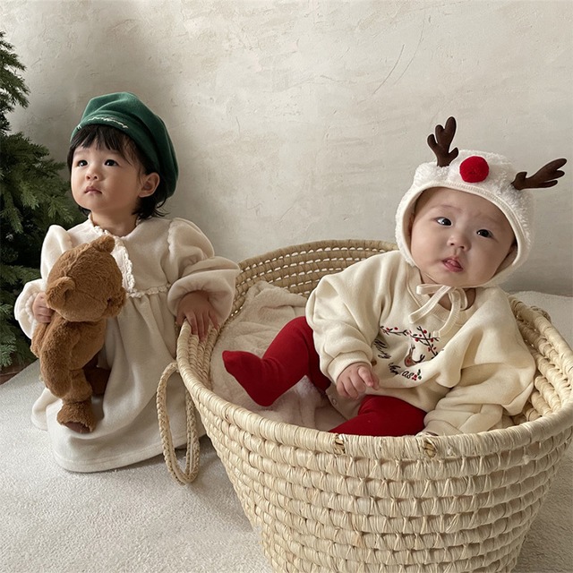【BABY】クリスマスモコモコトナカイ柄長袖ロンパース