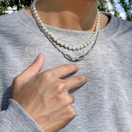 メンズアクセサリー パールチェーンネックレス 二連 重ね付け ストリート系 シルバー ジュエリー ユニセックス モード系 トレンド おしゃれ 人気 シンプル 上品 メンズジュエリー フェイクパール メンズパール ギフト プレゼント　y12089