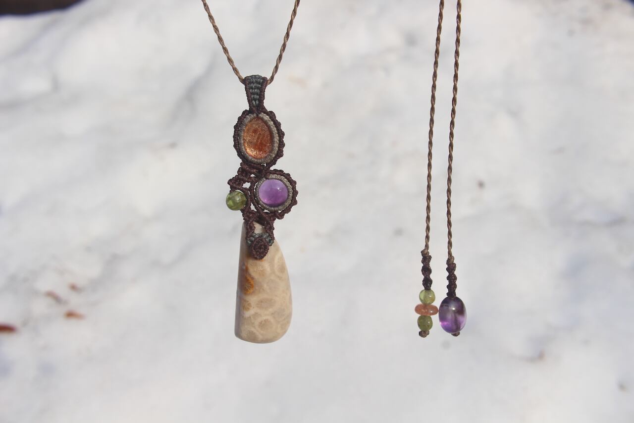 Fossil Coral & Sunstone & Amethyst micro macrame  pendant