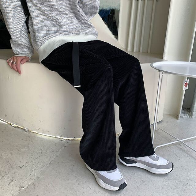 【予約販売】ワイドパンツ ボトムス メンズ 無地 コーデュロイ シンプル ルーズストレート グレー ブラック カジュアル こなれ感 お洒落 韓国 トレンド 秋 冬 M/L/XL