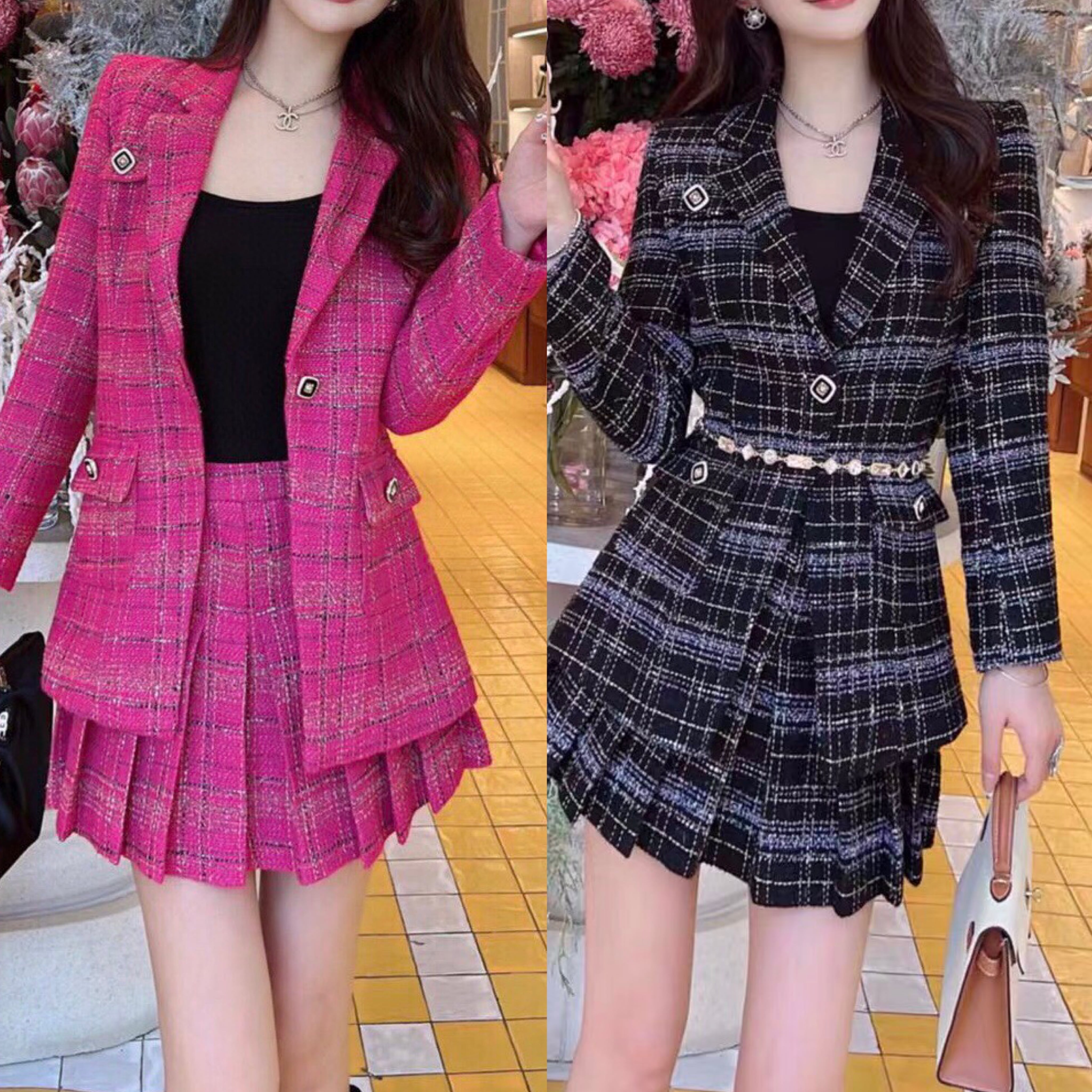 セットアップ】ワンピース ピンク チェック ドレス コート パーティー