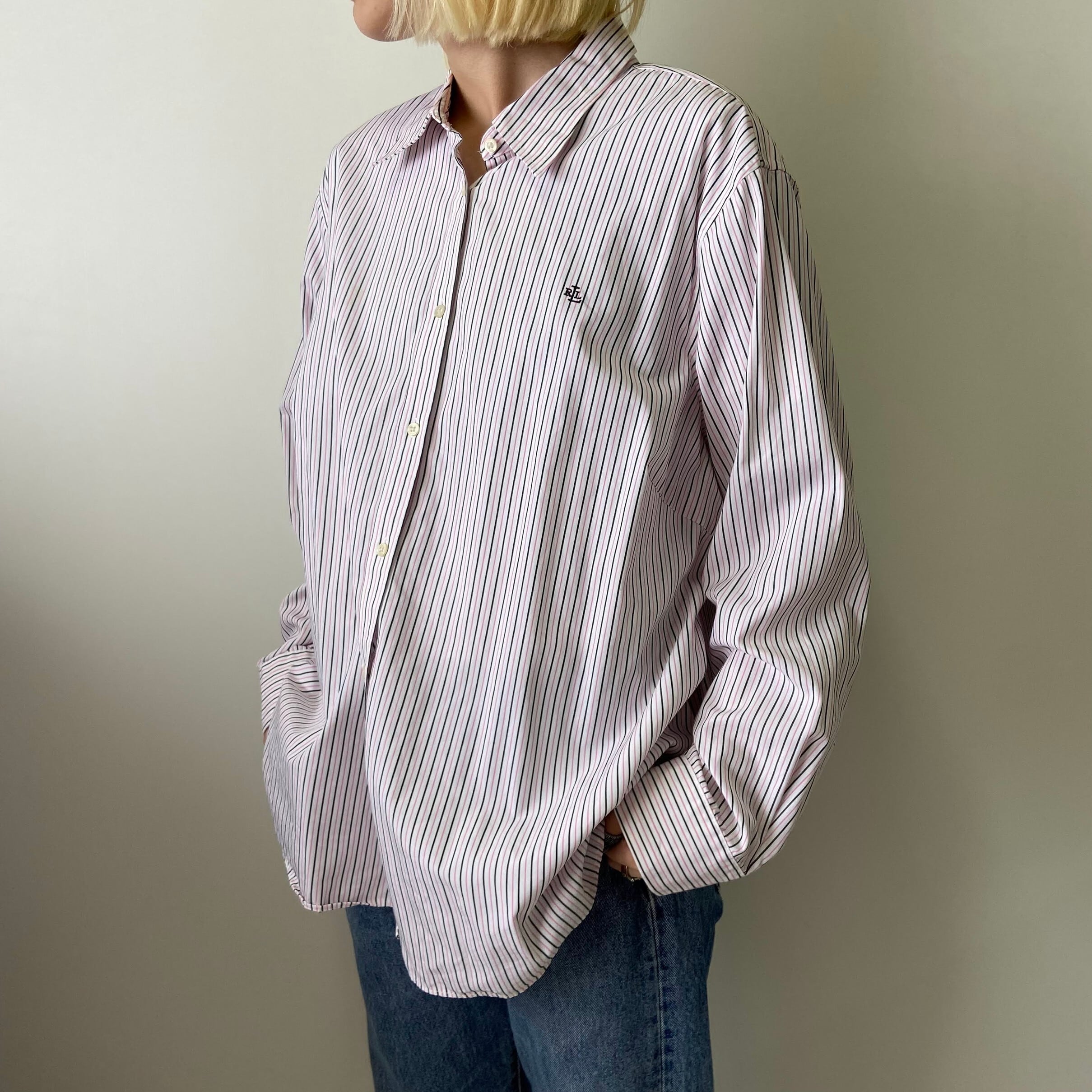 ビッグサイズ Ralph Lauren ラルフローレン ストライプ柄 長袖シャツ レディース2xl 古着 ホワイト ピンク ブラック ワンポイントロゴ刺繡 大きいサイズ 長袖シャツ Cave 古着屋 公式 古着通販サイト