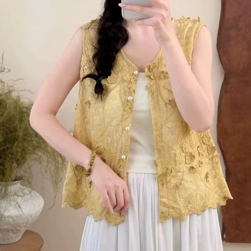 2色／花柄刺繍レース前開きノースリーブベスト ・11929