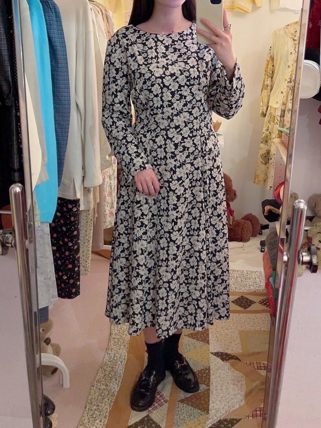 white flower navy flare one-piece