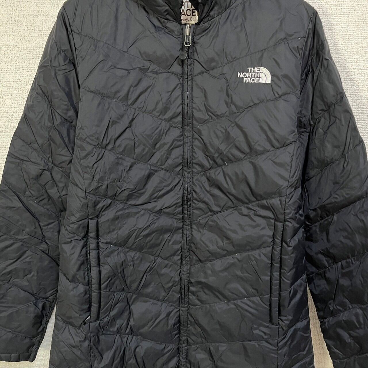 ノースフェイス ロングダウンコート 黒刺繍 600 薄手 ブラック 袖ロゴ  