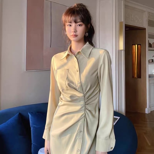 Dress レトロ海外トレンドpoloネック着痩せ長袖シャツワンピース Y 0765 Nanastyle