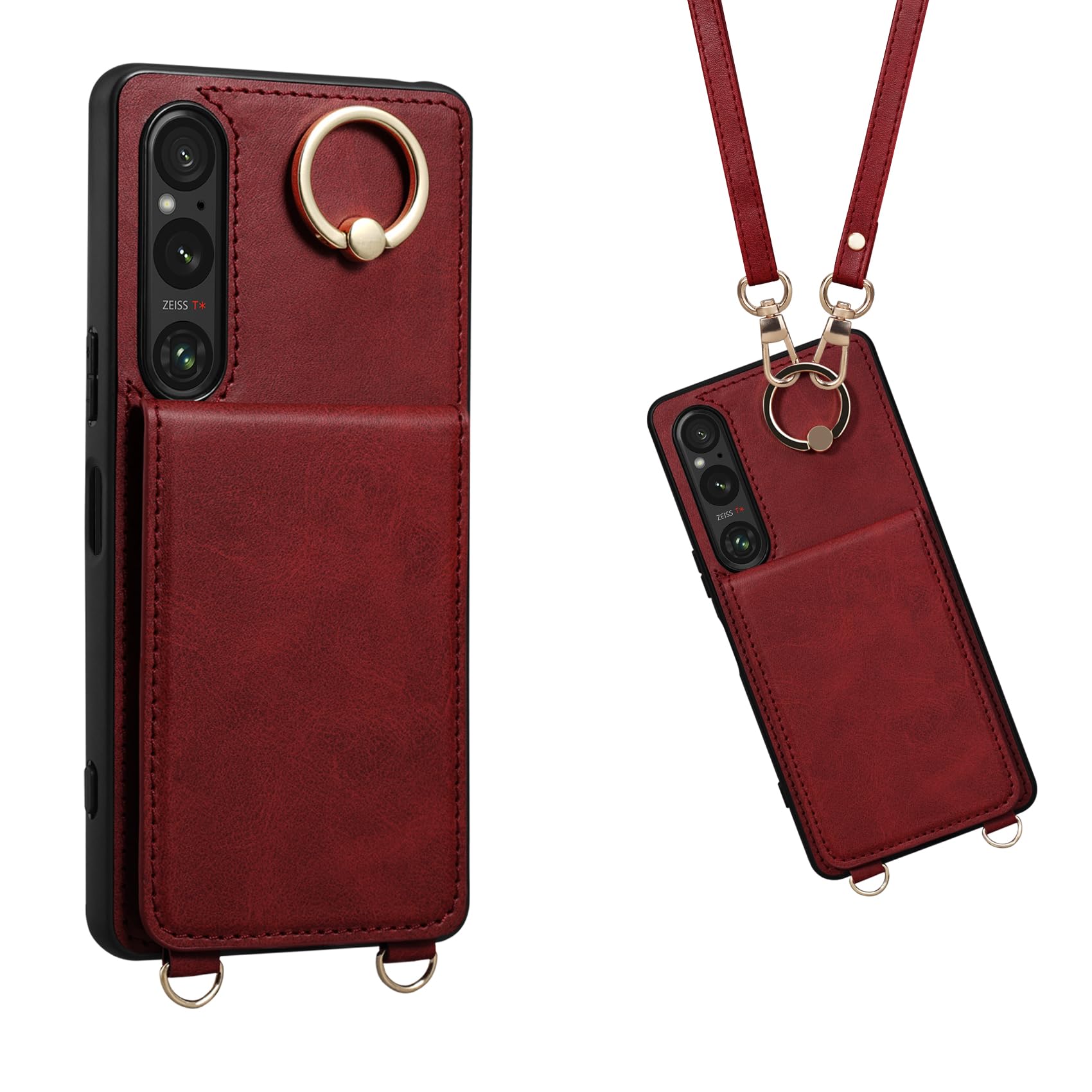 Shlybaay Xperia 1 VII 用 背面 手帳型ケース ショルダーストラップ カード収納 スマホケース レッド