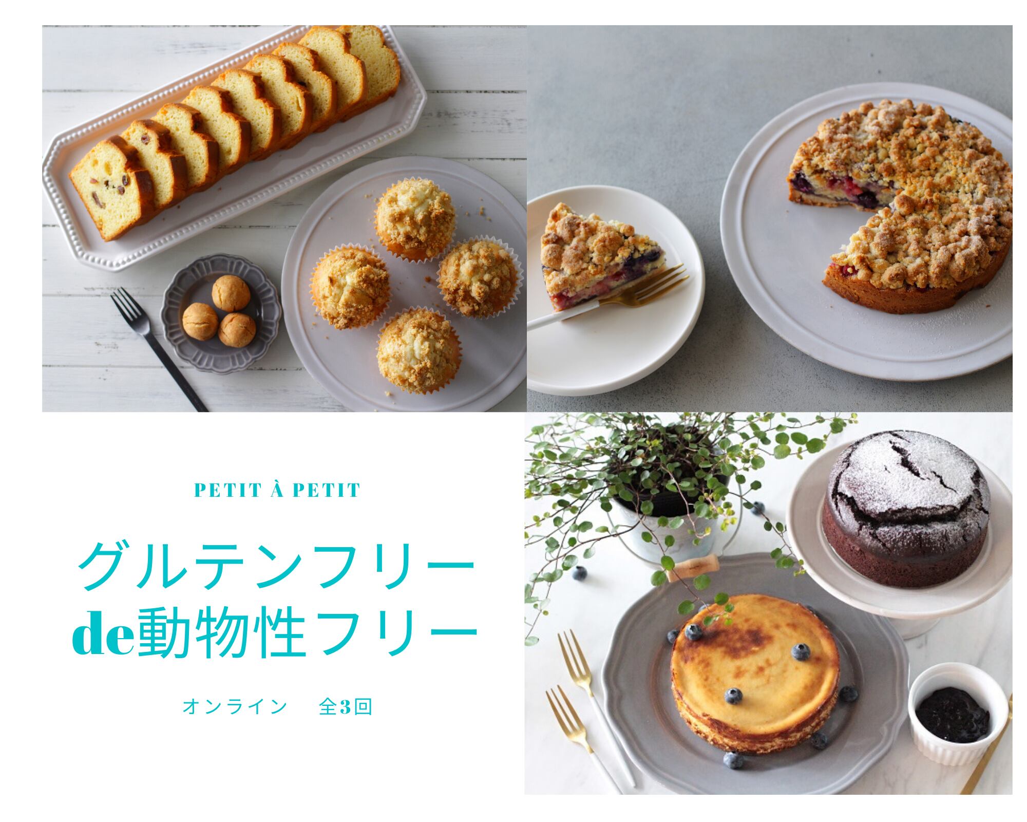 グルテンフリーde動物d生フリースイーツ 全３回 オンライン講座 レシピと動画閲覧 材料と型の送付のコース 名古屋お菓子教室petit A Petit