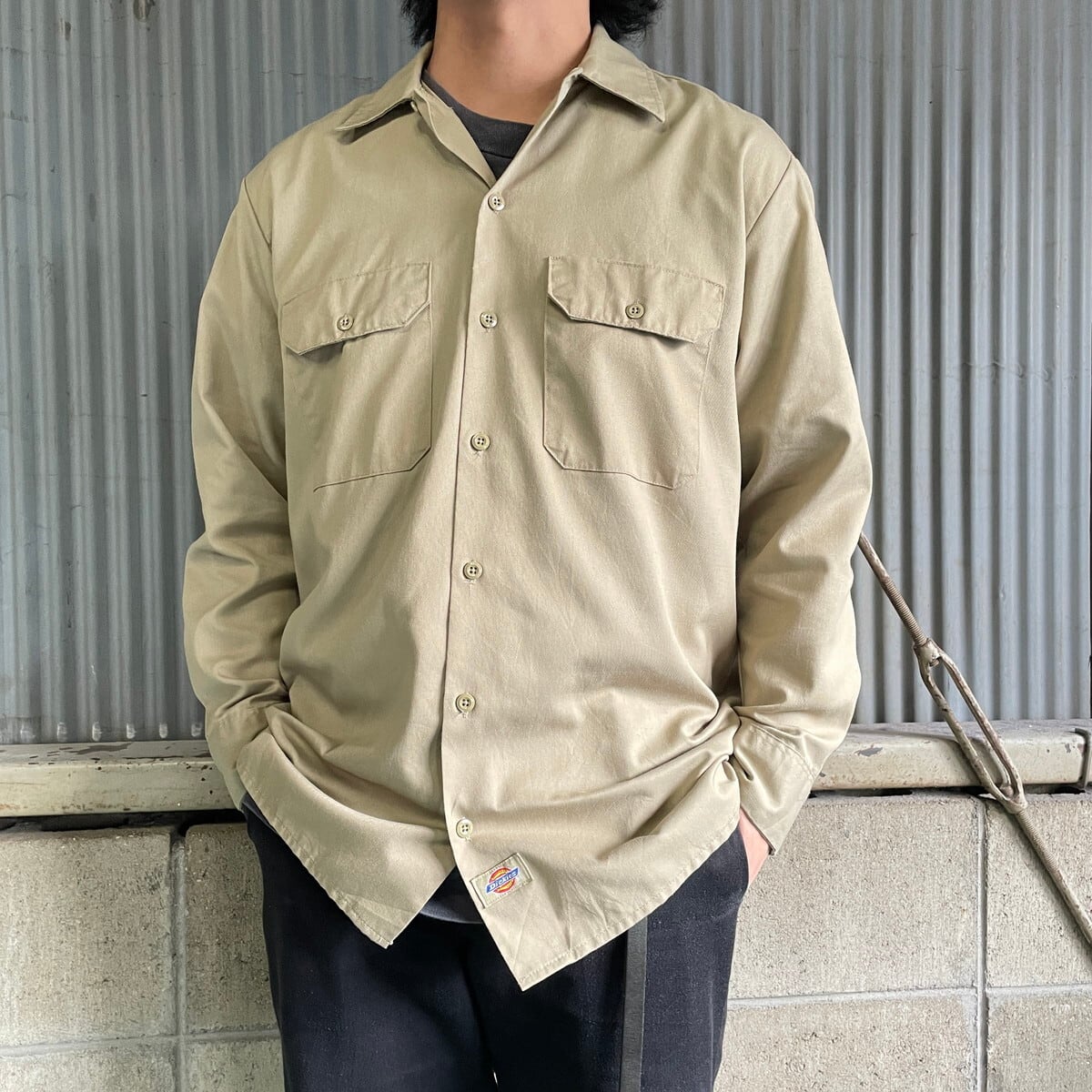 Dickies ディッキーズ 長袖 ワークシャツ メンズM 古着 カーキ 