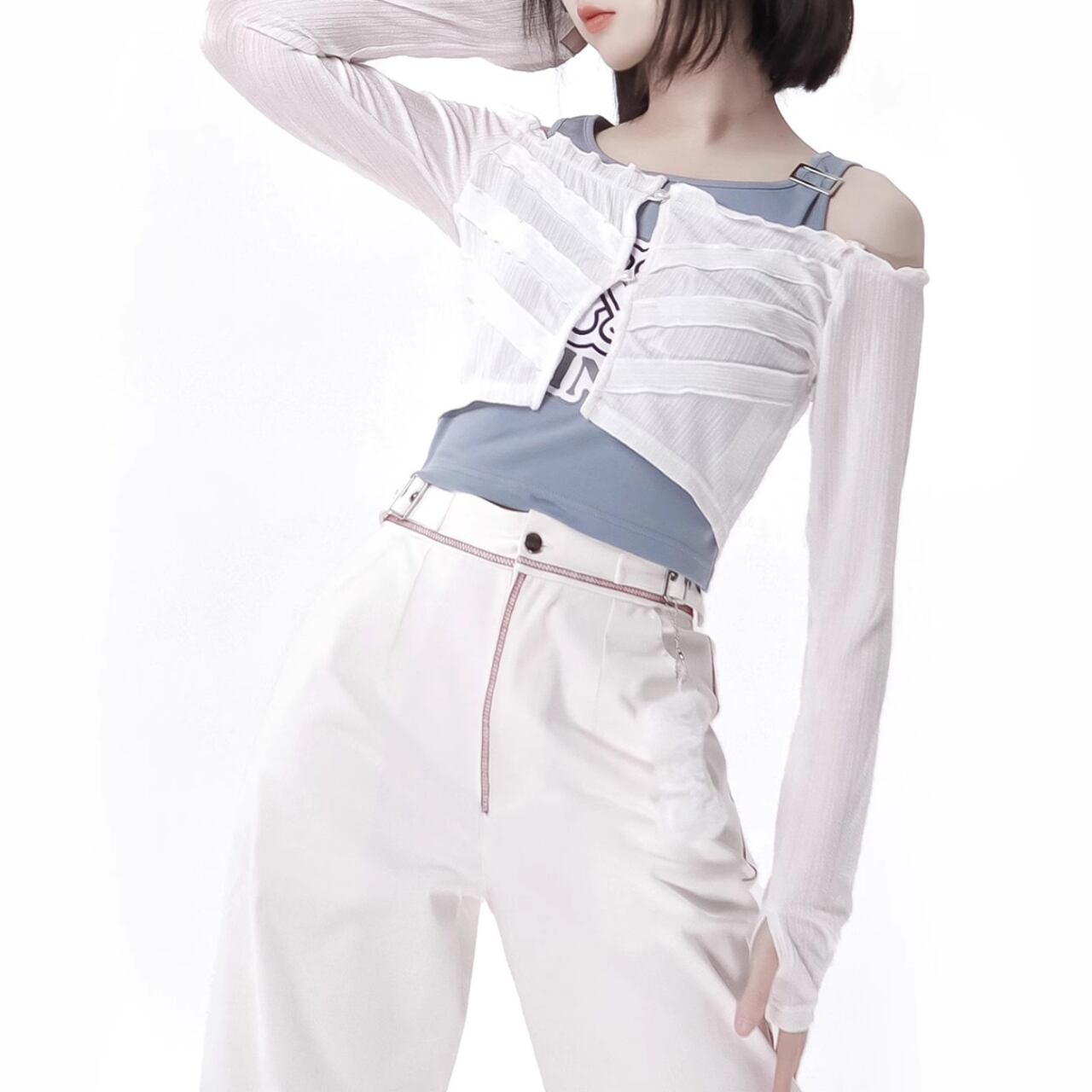 ライトブルートップス＆オフショルカーディガン　1133