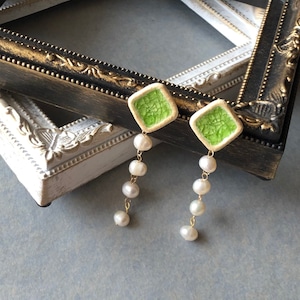 【信楽焼】ほどける真珠-Square- 陶器　伝統工芸　イヤリング　ピアス 本真珠　深翠シリーズ