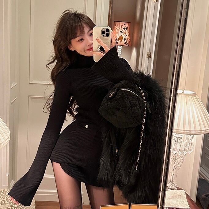 タートルネックベルスリーブニットワンピース | Lilycloset 